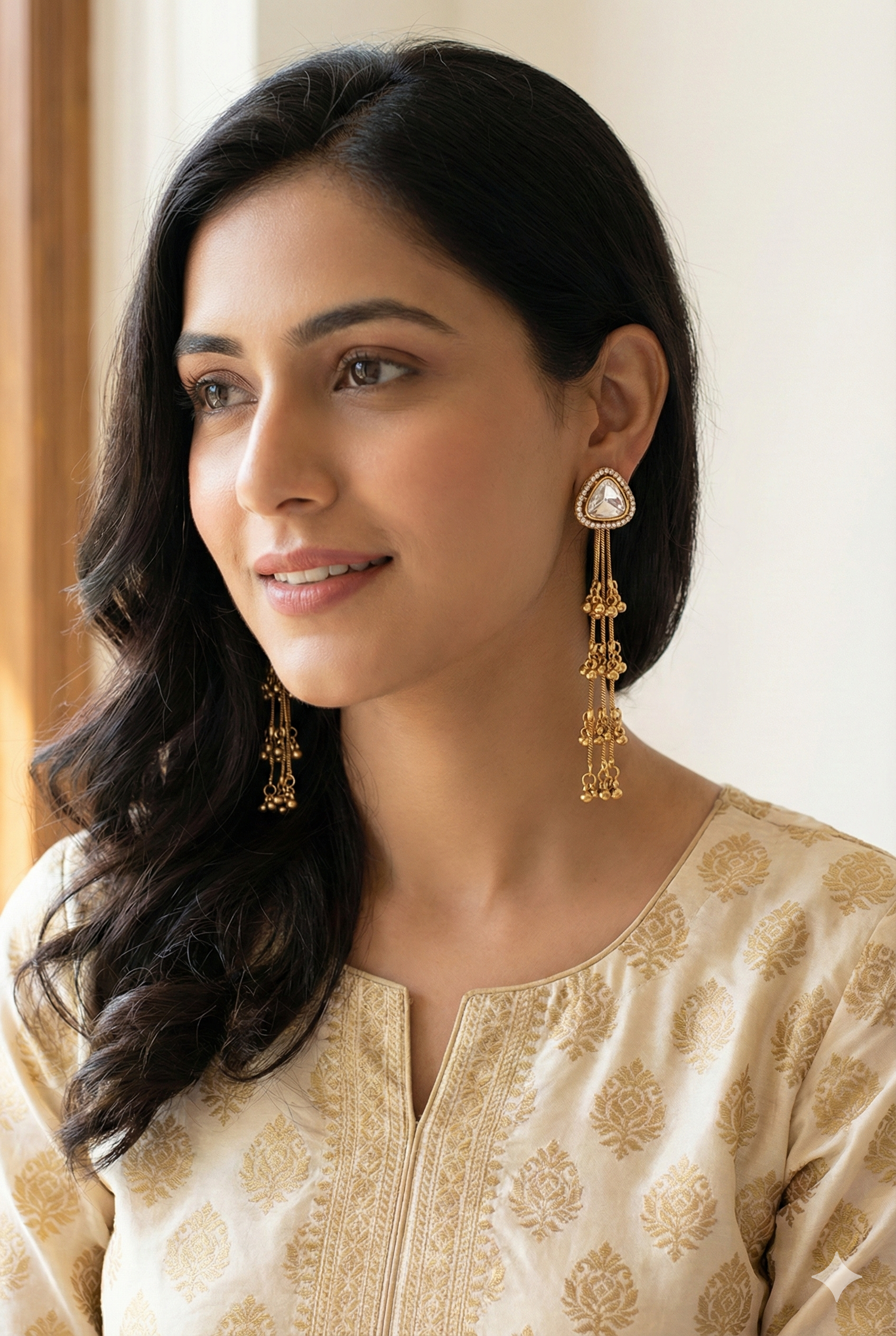 Kashmiri Triangle Crystal Earrings - Golden Imitation Jewelry with Long Ghungroo Chains
