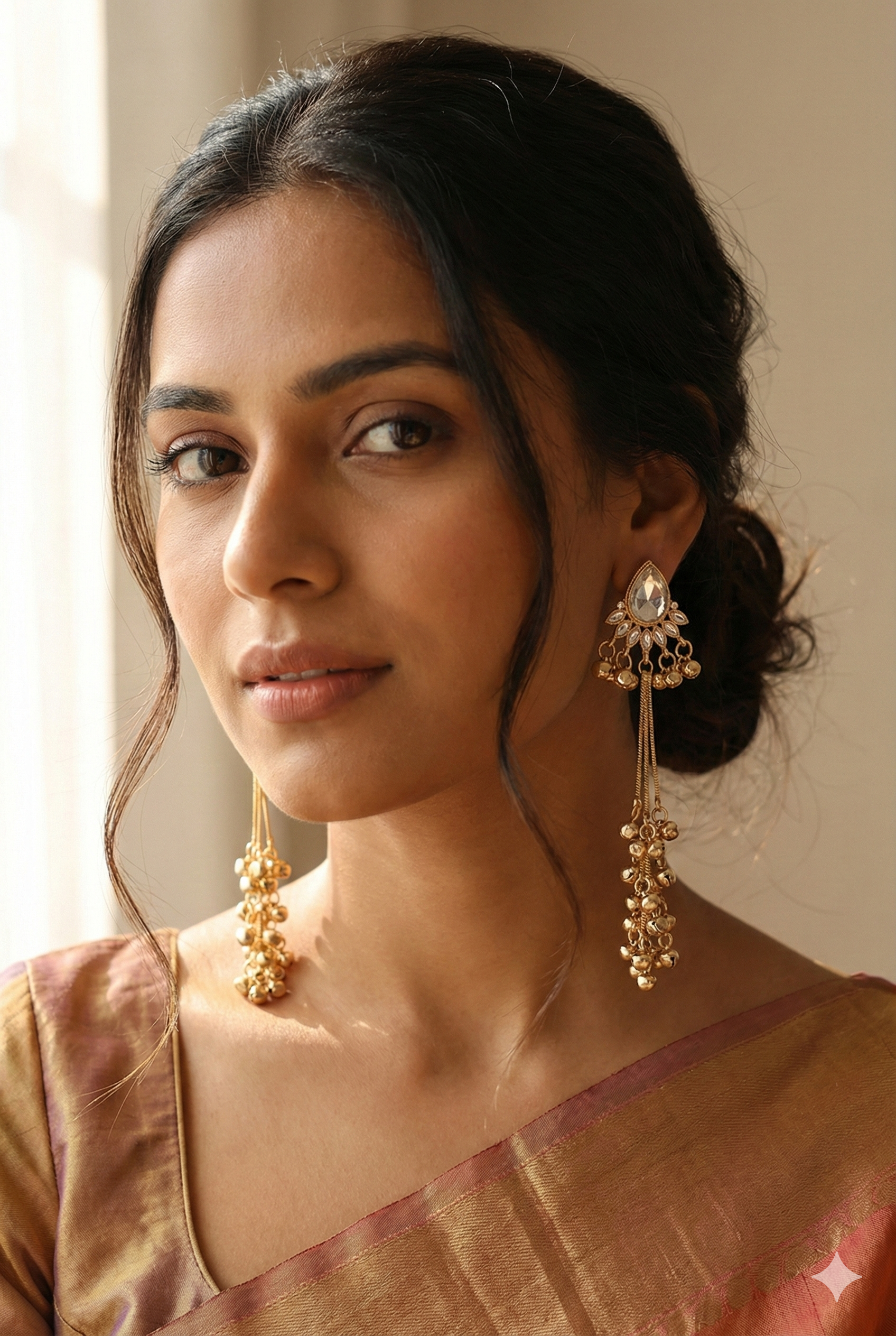 Kashmiri Teardrop Crystal Earrings - Golden Imitation Jewelry with Ghungroo Chains