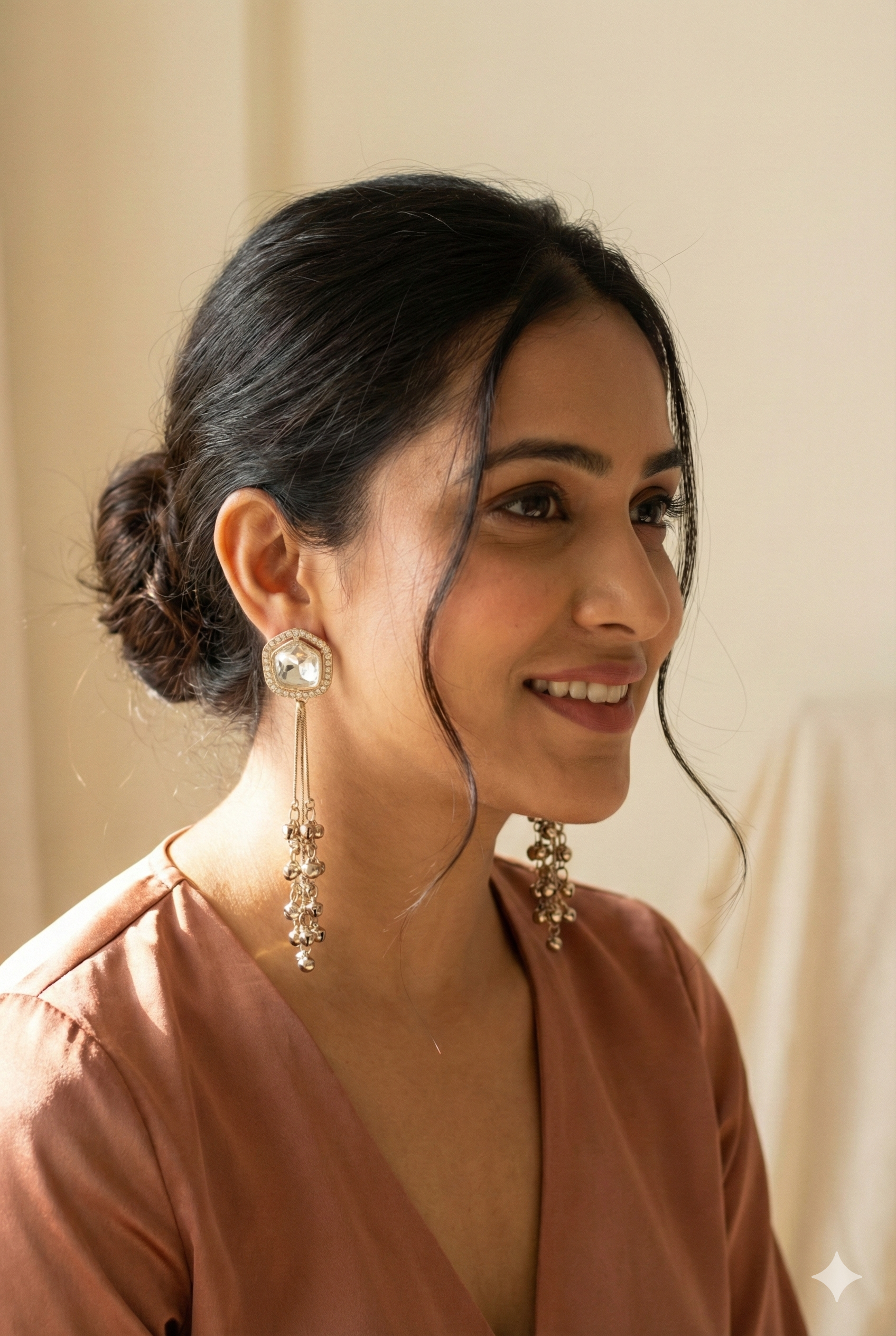 Kashmiri Cushion Crystal Earrings - Golden Imitation Jewelry with Long Ghungroo Chains