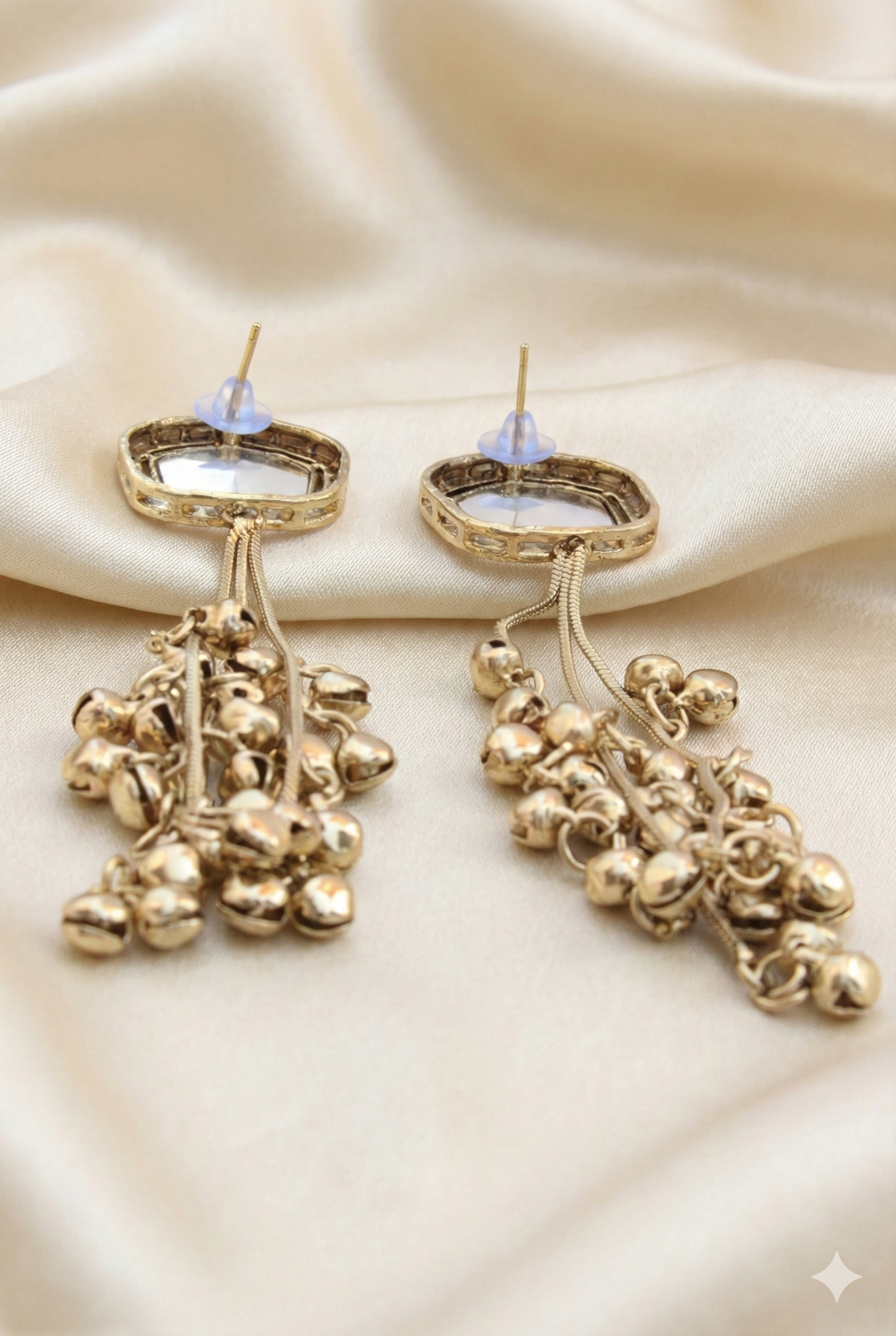 Kashmiri Cushion Crystal Earrings - Golden Imitation Jewelry with Long Ghungroo Chains