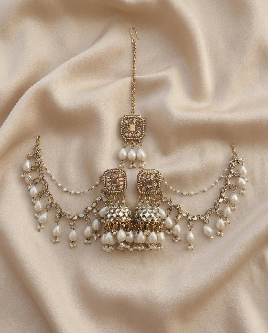 Kundan Jhumka Earrings with Maang Tikka & Chain Set - Golden Imitation Bridal Jewelry
