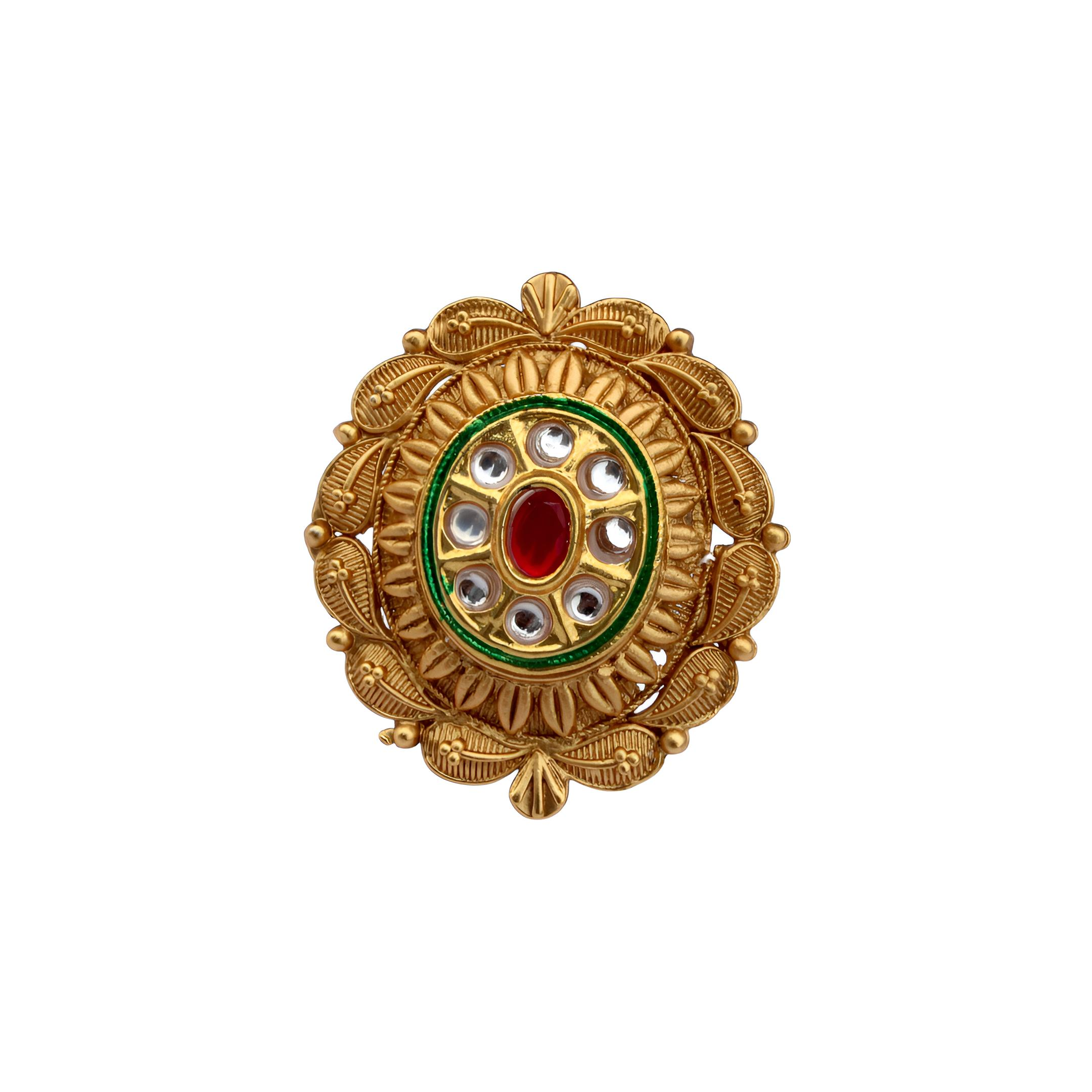 Gold Plated Kundan Ring - Adjustable Traditional Indian Wedding Ring with Red Green Stones
