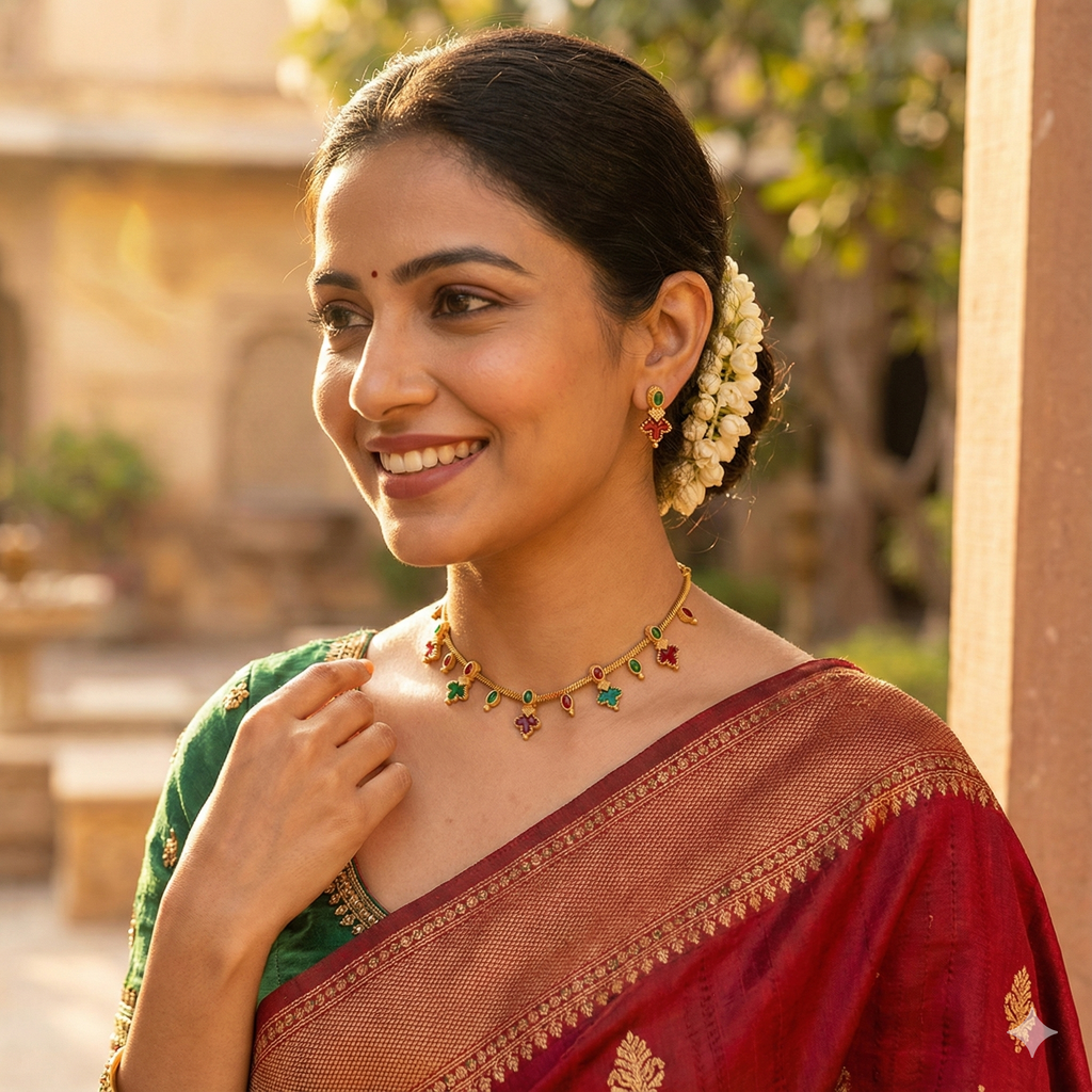 Premium 100% Copper Necklace Set with Stylized Leaf Charms | Red & Green Stones