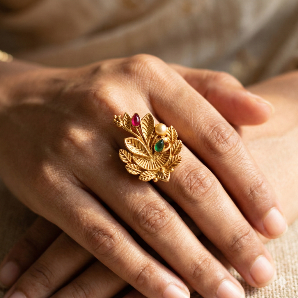 Golden Leaf Design Adjustable Ring - Imitation Jewelry