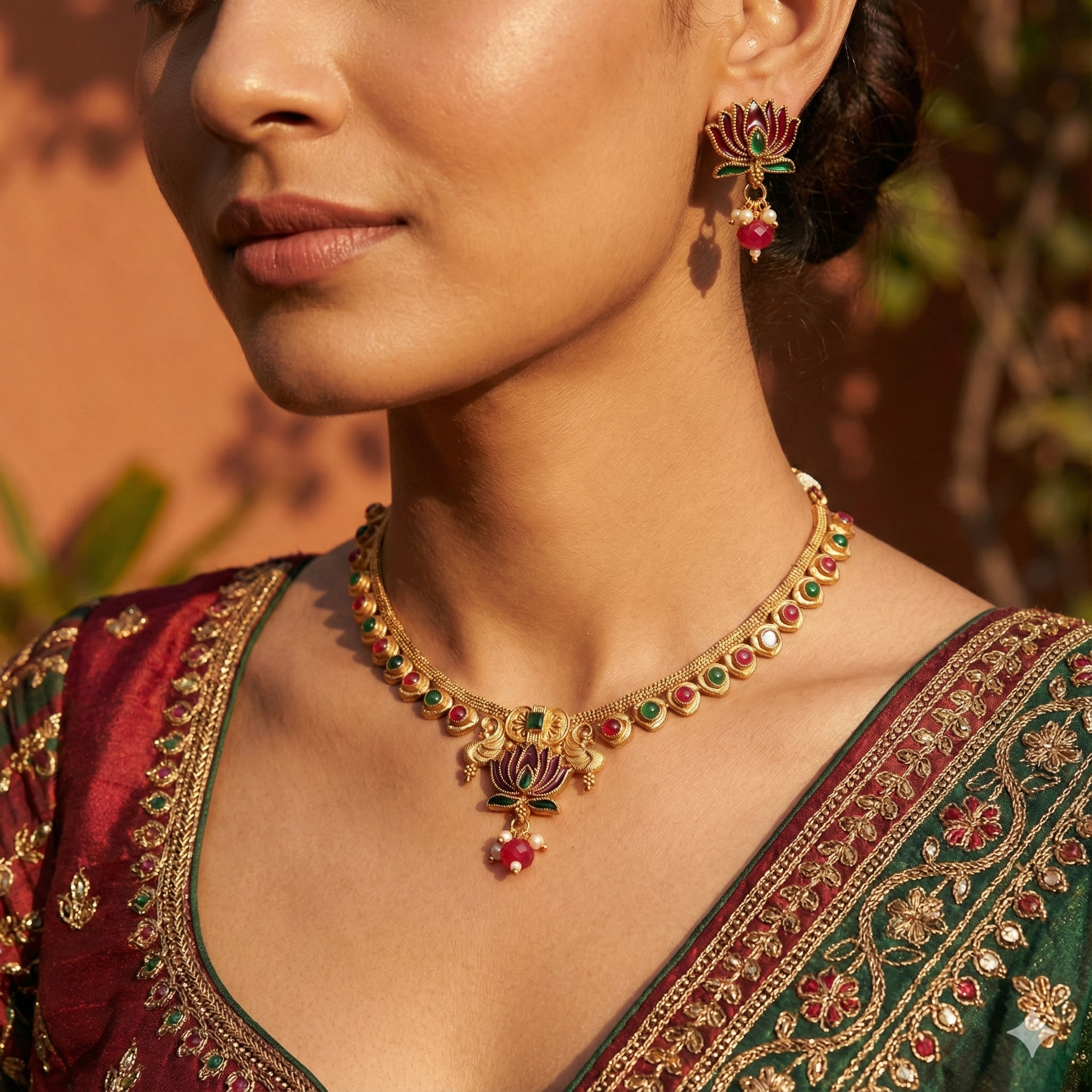 Premium 100% Copper Necklace Set with Lotus Motif | Red & Green Stones