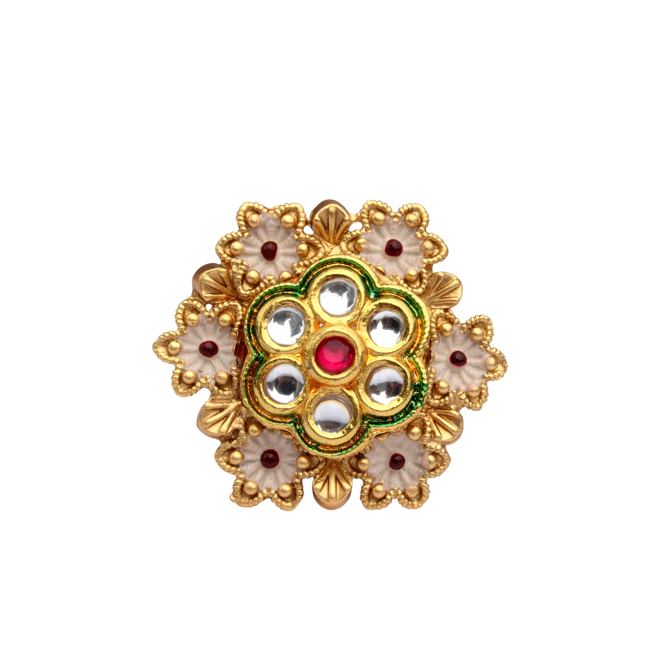 Gold Plated Kundan Ring - Adjustable Traditional Ring with Multicolor Stones and Green Enamel