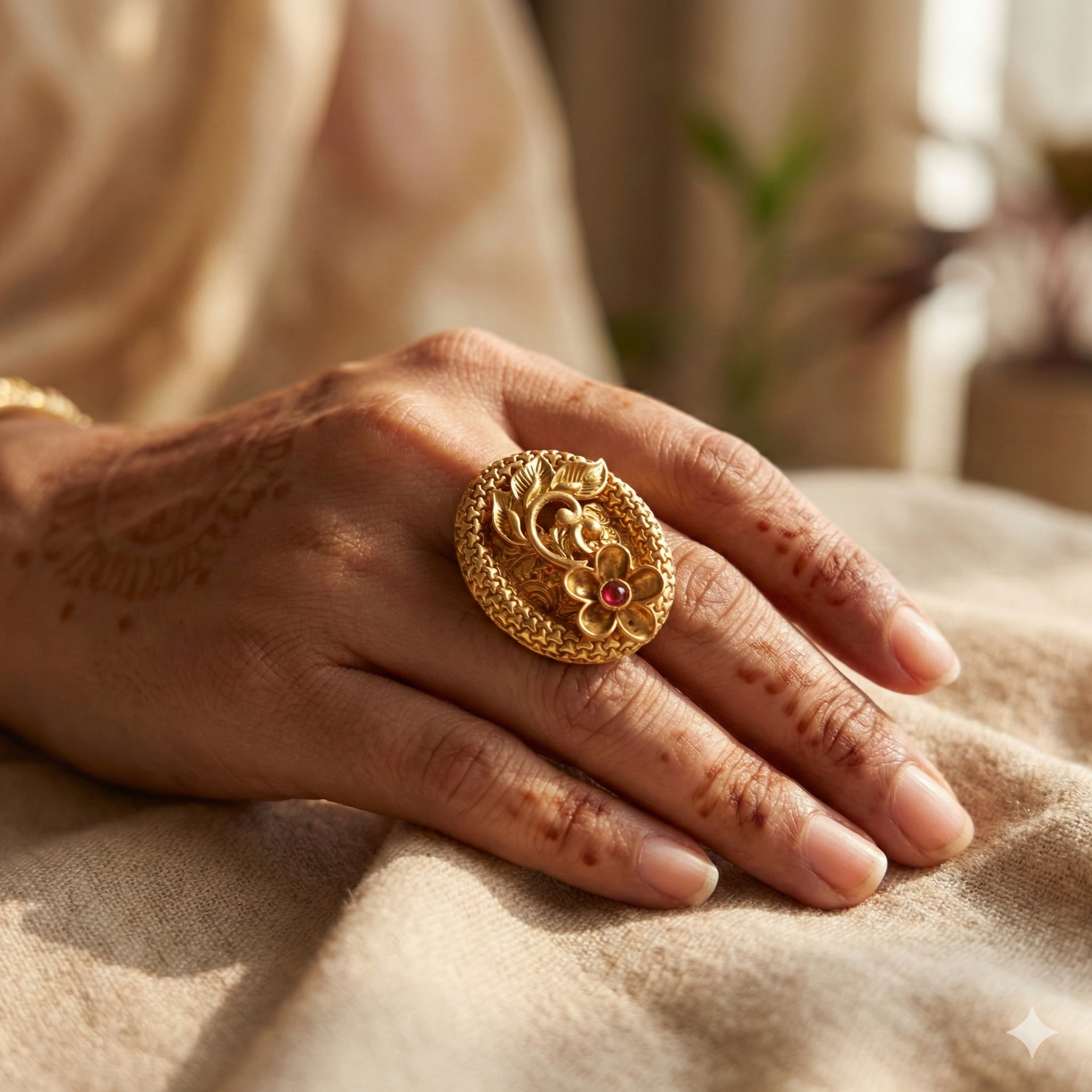 Golden Floral Design Adjustable Ring - Imitation Jewelry