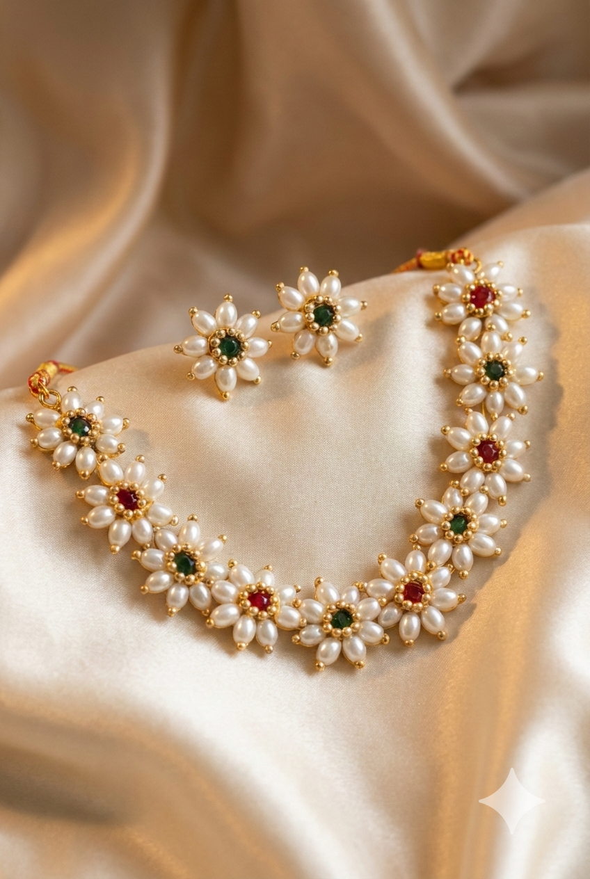 Traditional Parijatak Floral Pearl Choker Set with earrings | Prajakta Moti Jewellery with Red & Green Stones