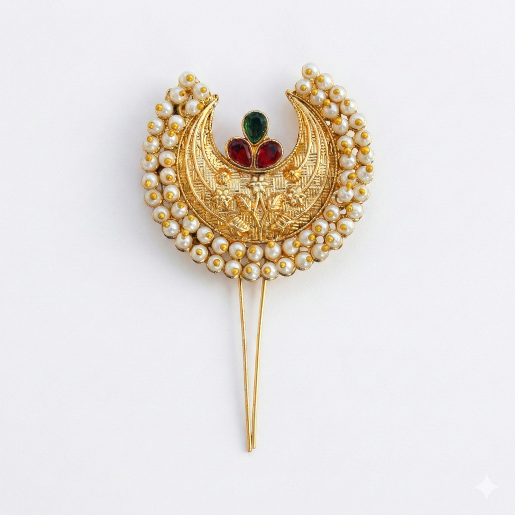 Traditional Crescent Moon Golden Khopa with Pearl Border | Hair Accessory