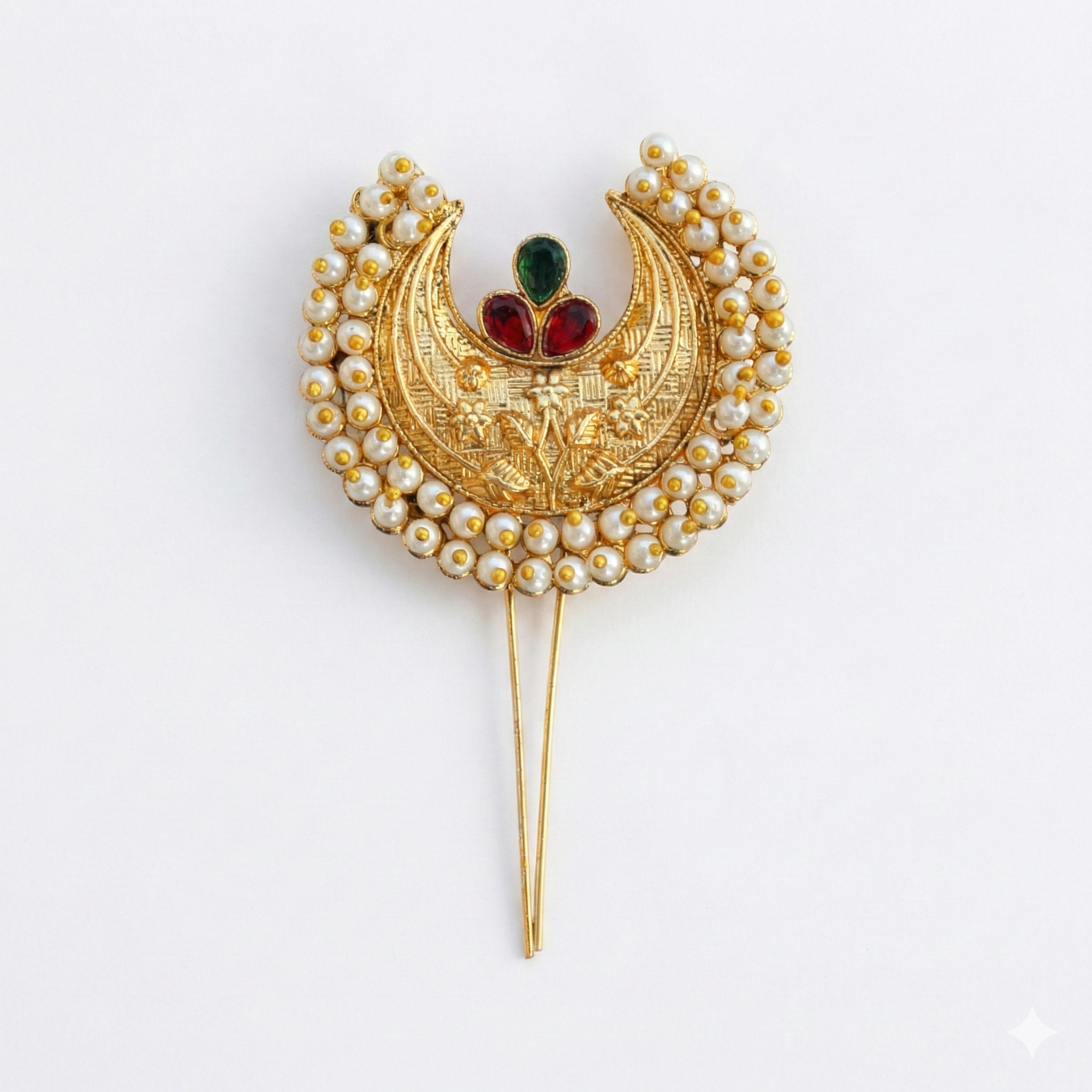 Traditional Crescent Moon Golden Khopa with Pearl Border | Hair Accessory
