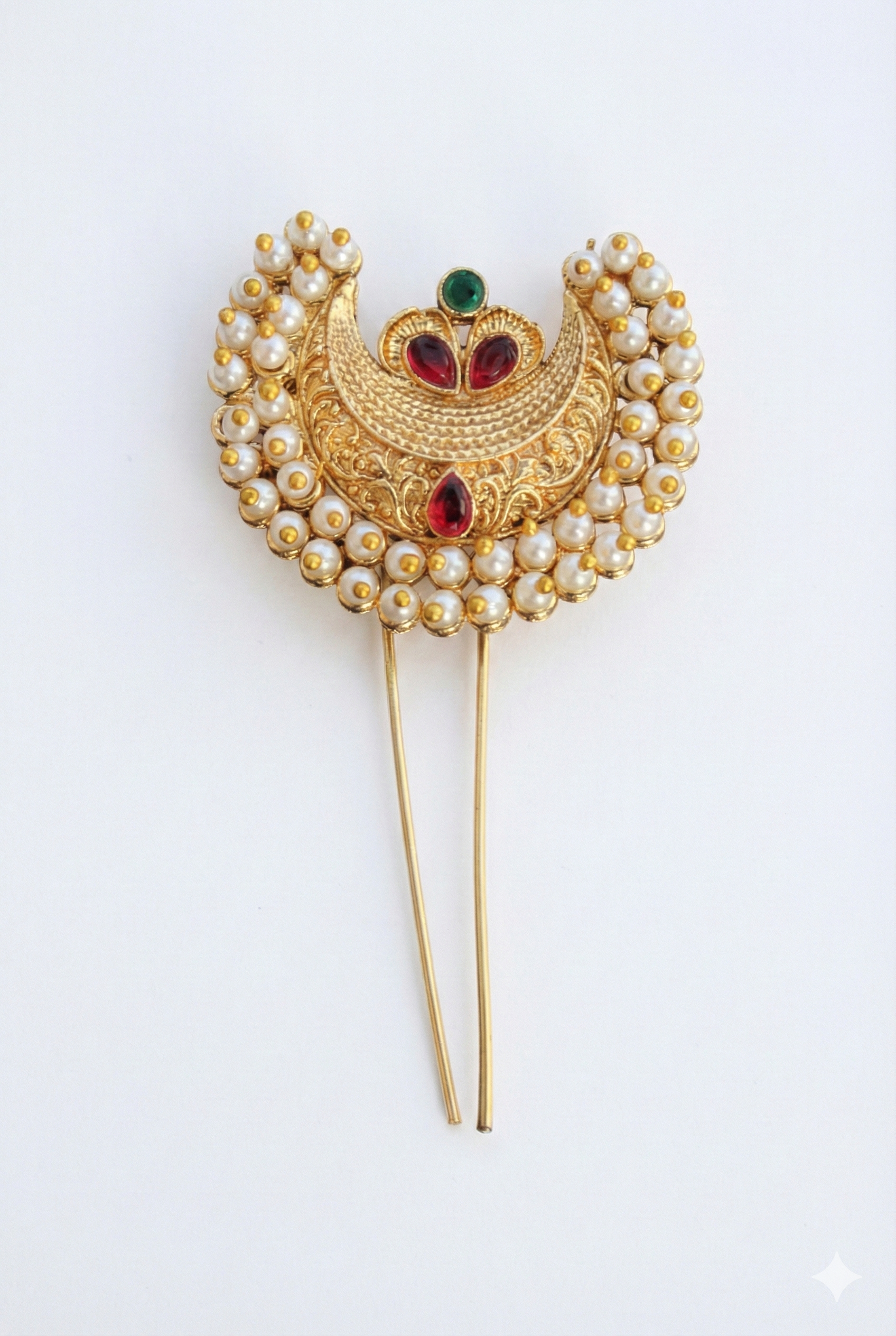 Golden Khopa Hair Accessory with Multi-Color Stones | Traditional Hair Pin