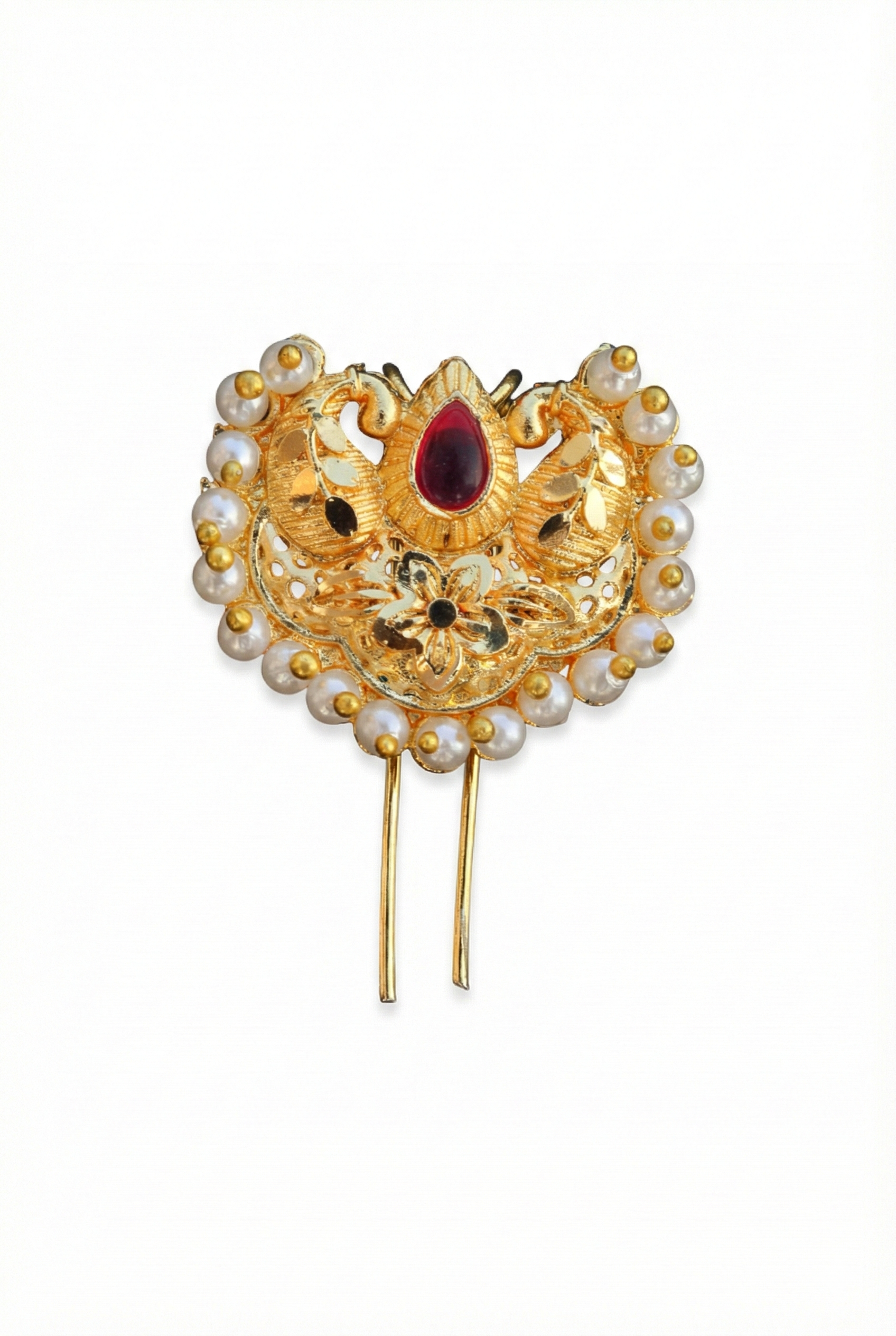 Royal Golden Khopa Hair Pin with Ruby Stone | Traditional Bridal Jewelry
