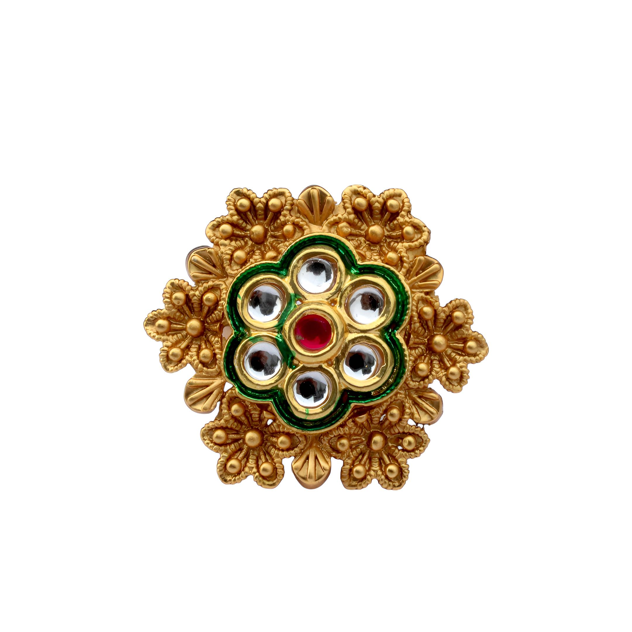 Gold Plated Floral Ring - Adjustable Traditional Ring with Green Enamel and Pearl Stones