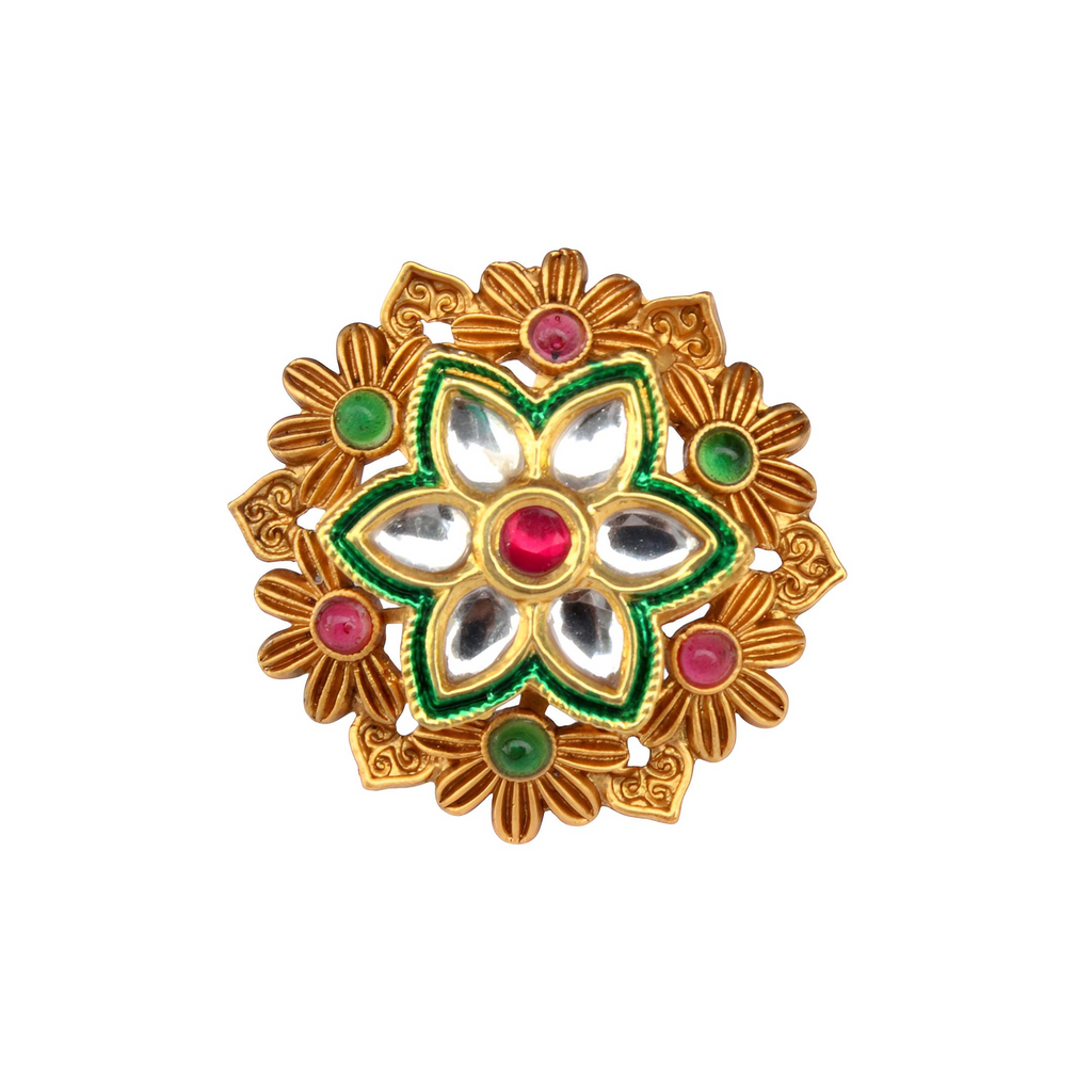 Gold Plated Kundan Ring - Adjustable Traditional Ring with Multicolor Stones and Green Enamel