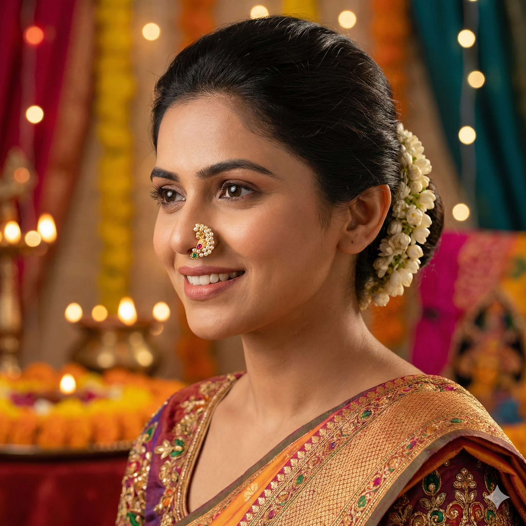 Traditional Maharashtrian Leaf Motif Press Nath | Gold Plated Pearl Clip-On Nose Pin