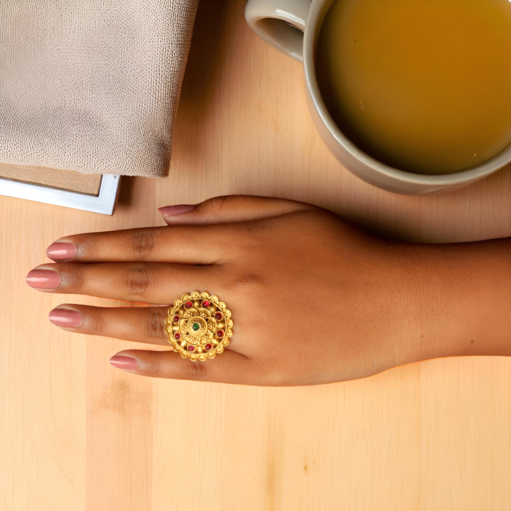 Gold Plated Mandala Ring - Adjustable Traditional Ring with Pink Stones