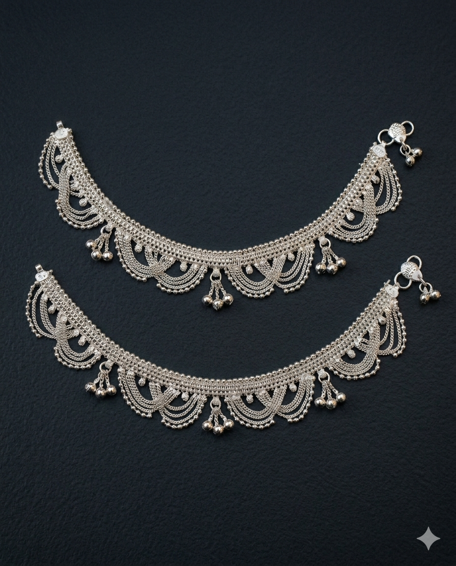 Silver-Plated Bridal Payal – Scallop Lace Anklet with Ghungroo