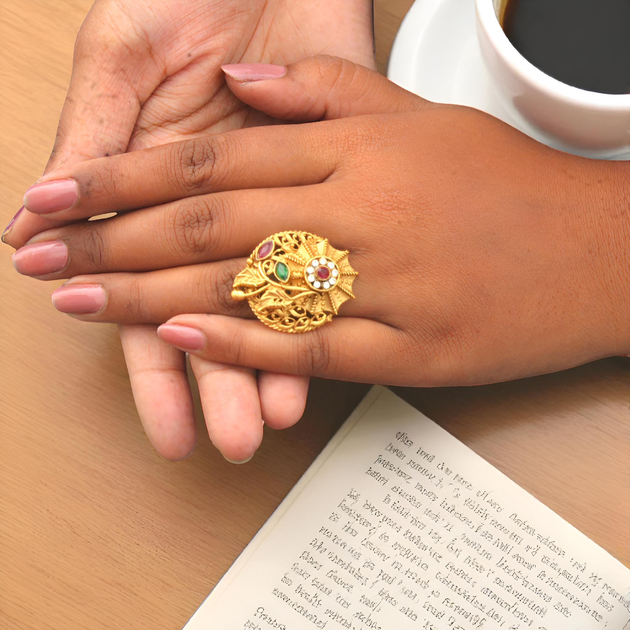 Adjustable Golden Statement Ring | Traditional Filigree Design with Gemstones