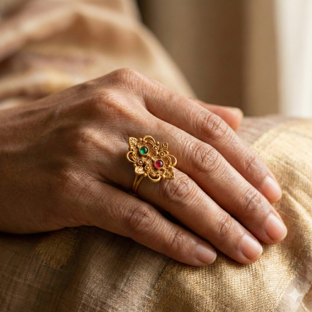 Gold Plated Antique Ring - Adjustable Traditional Ring with Green and Red Stones
