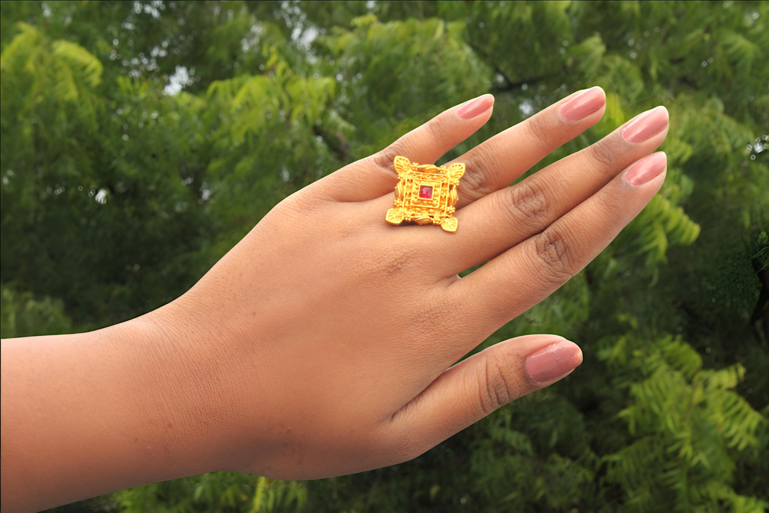Premium Gold Plated Geometric Square Finger Ring | Red Stone Adjustable Ring