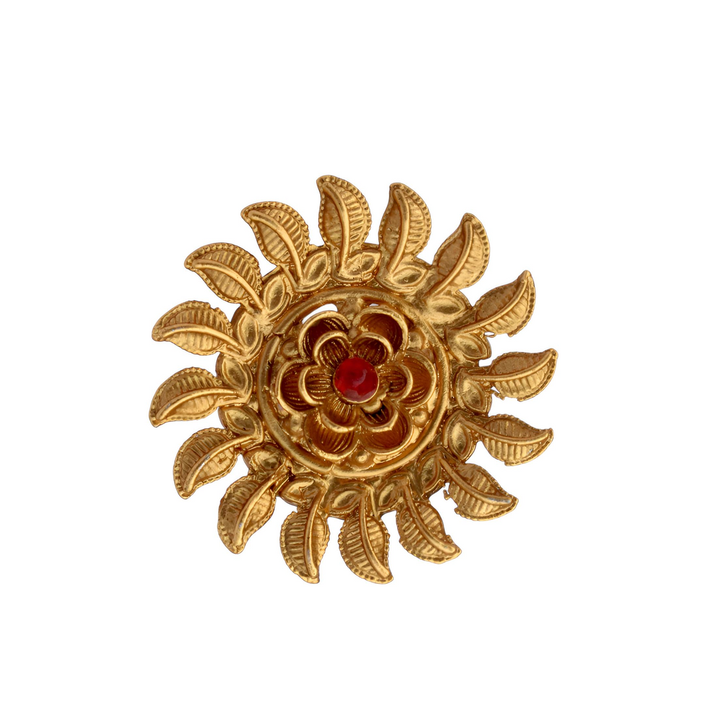 Gold Plated Sunburst Ring - Adjustable Traditional Floral Ring with Red Stone
