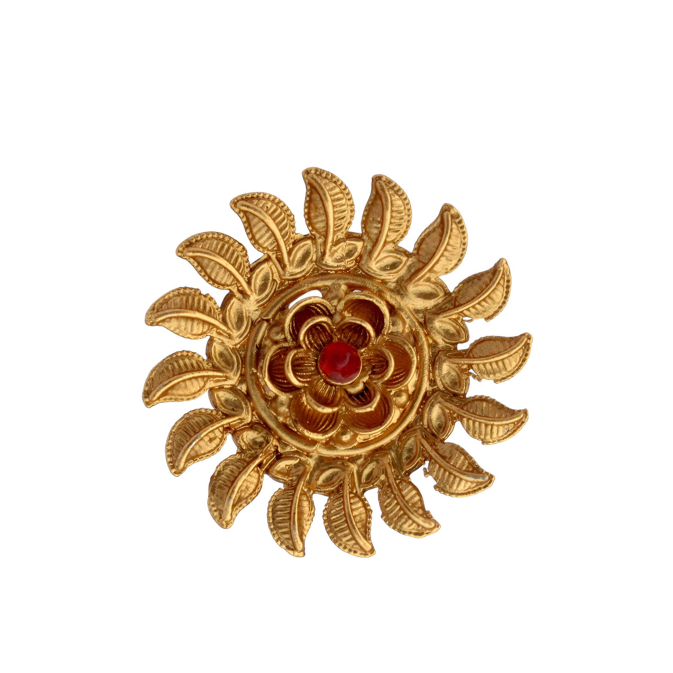 Gold Plated Sunburst Ring - Adjustable Traditional Floral Ring with Red Stone