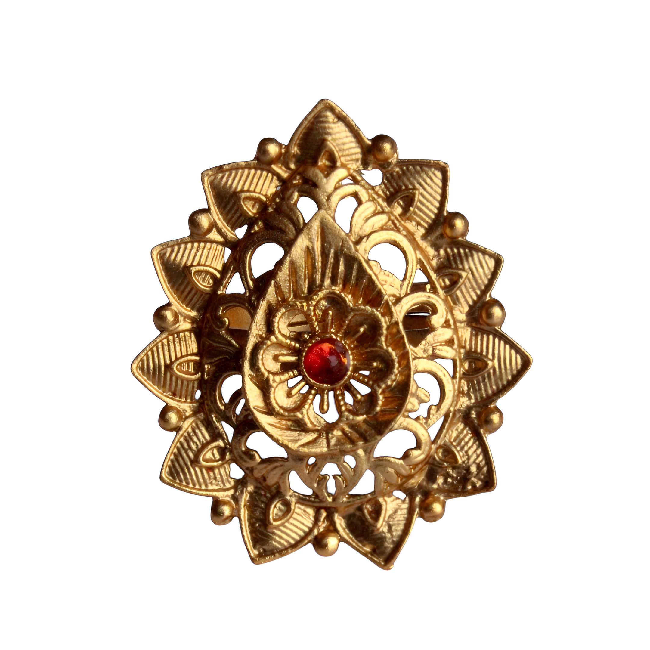 Gold Plated Antique Ring - Adjustable Traditional Multi-Layered Ring with Red Stone
