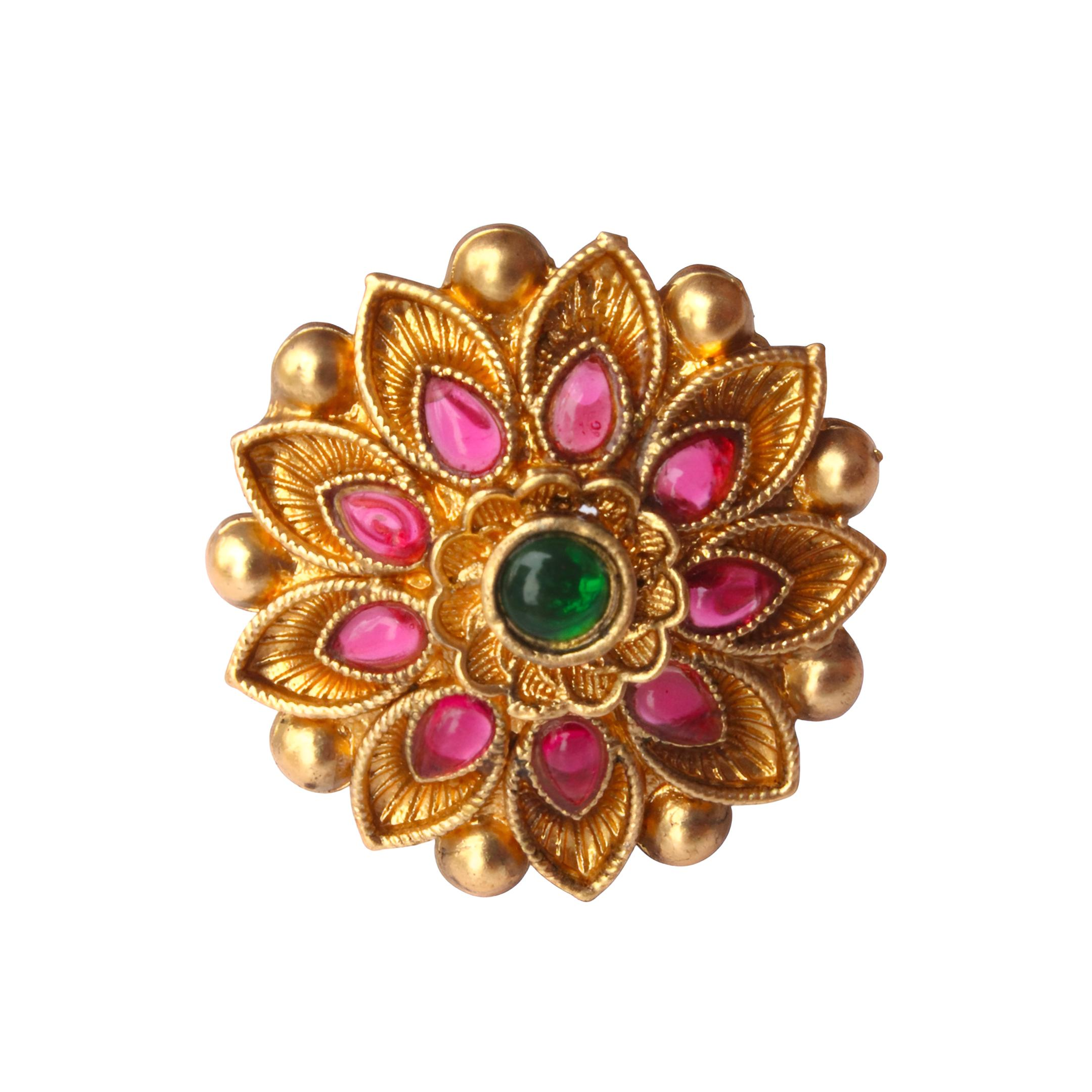 Gold Plated Floral Ring - Adjustable Traditional Ring with Pink Stones and Pearl Accents