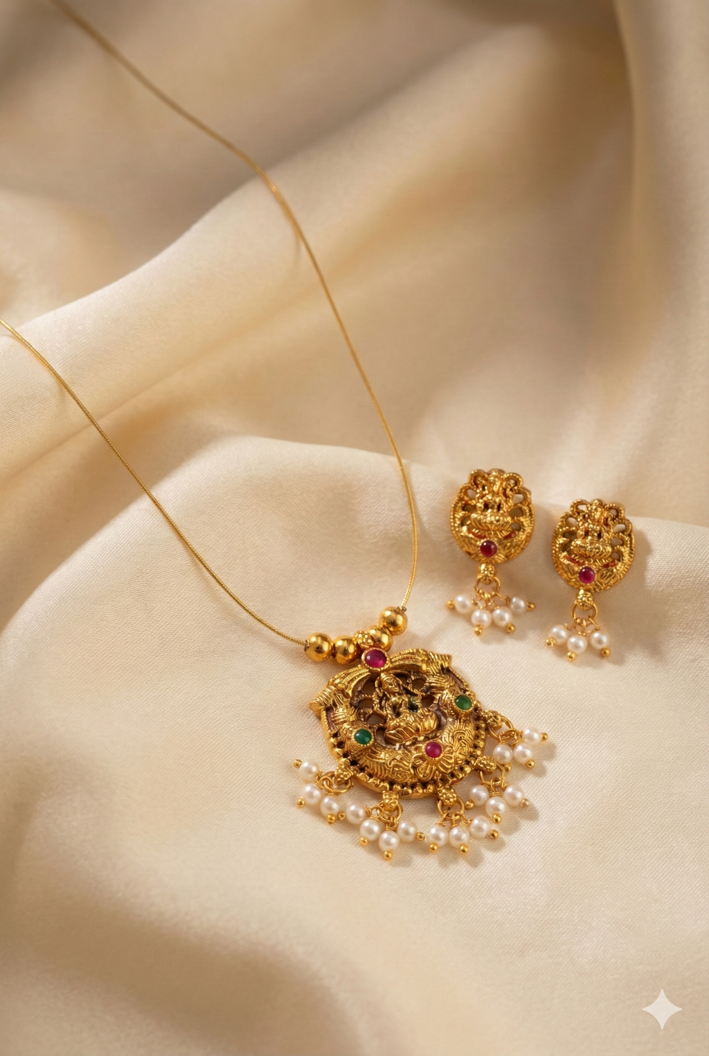 Invisible Temple Necklace Set with Earrings - Gold Plated Pearl Drop Jewelry