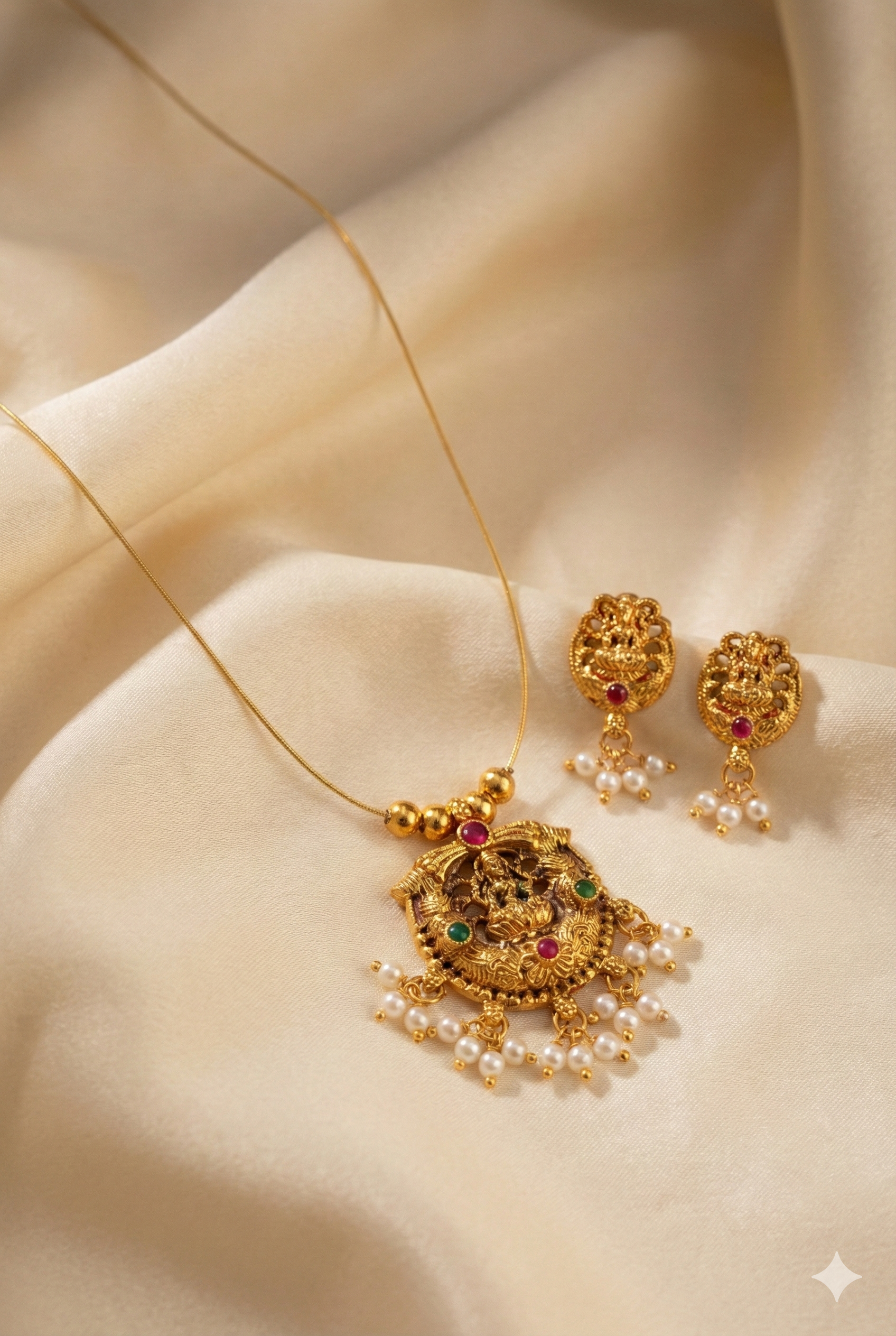 Invisible Temple Necklace Set with Earrings - Gold Plated Pearl Drop Jewelry