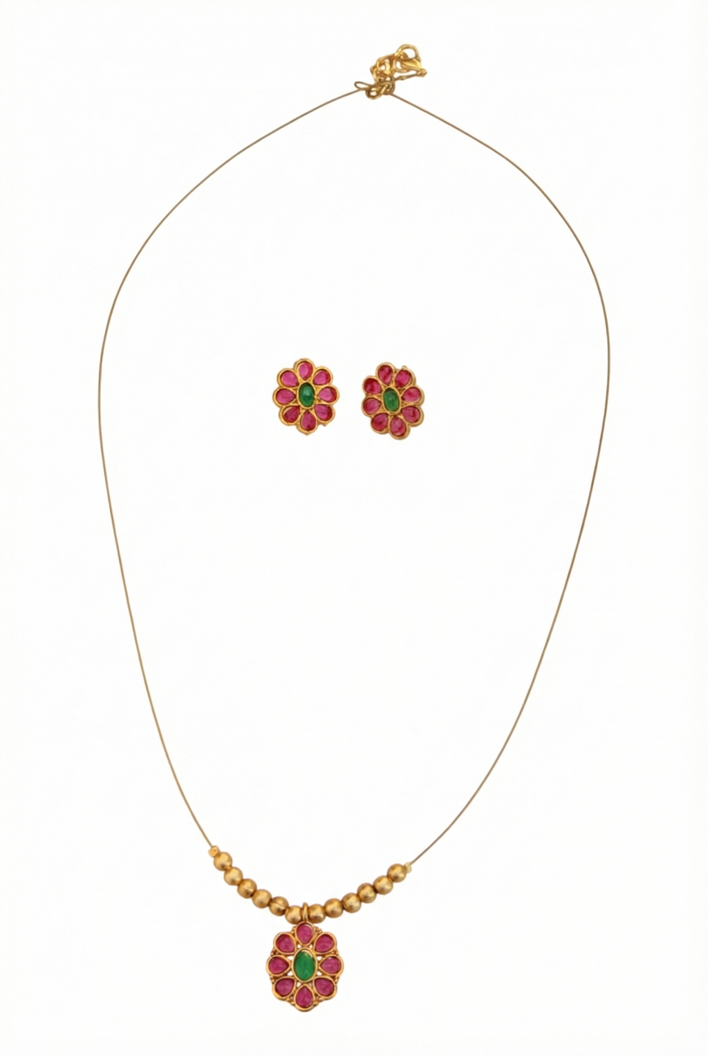 Invisible Floral Necklace Set with Earrings - Gold Plated Red Green Jewelry