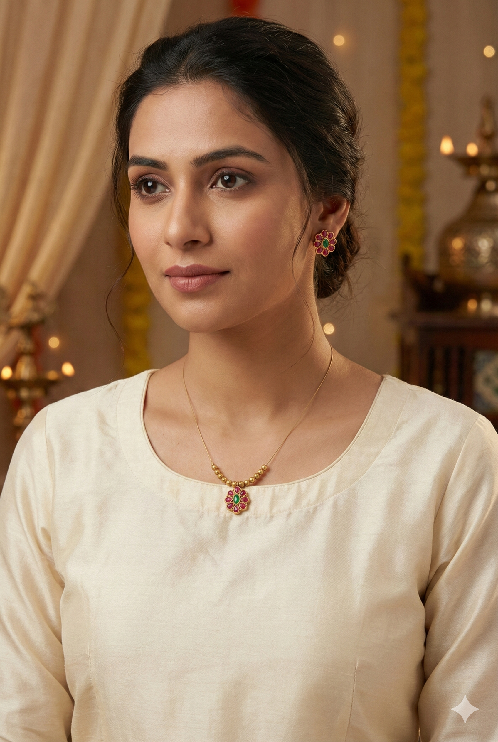 Invisible Floral Necklace Set with Earrings - Gold Plated Red Green Jewelry